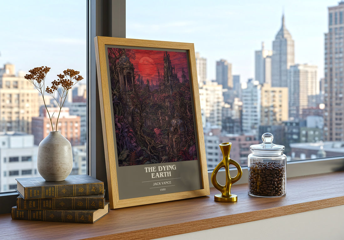 The Dying Earth book cover print framed by window – literary home decor