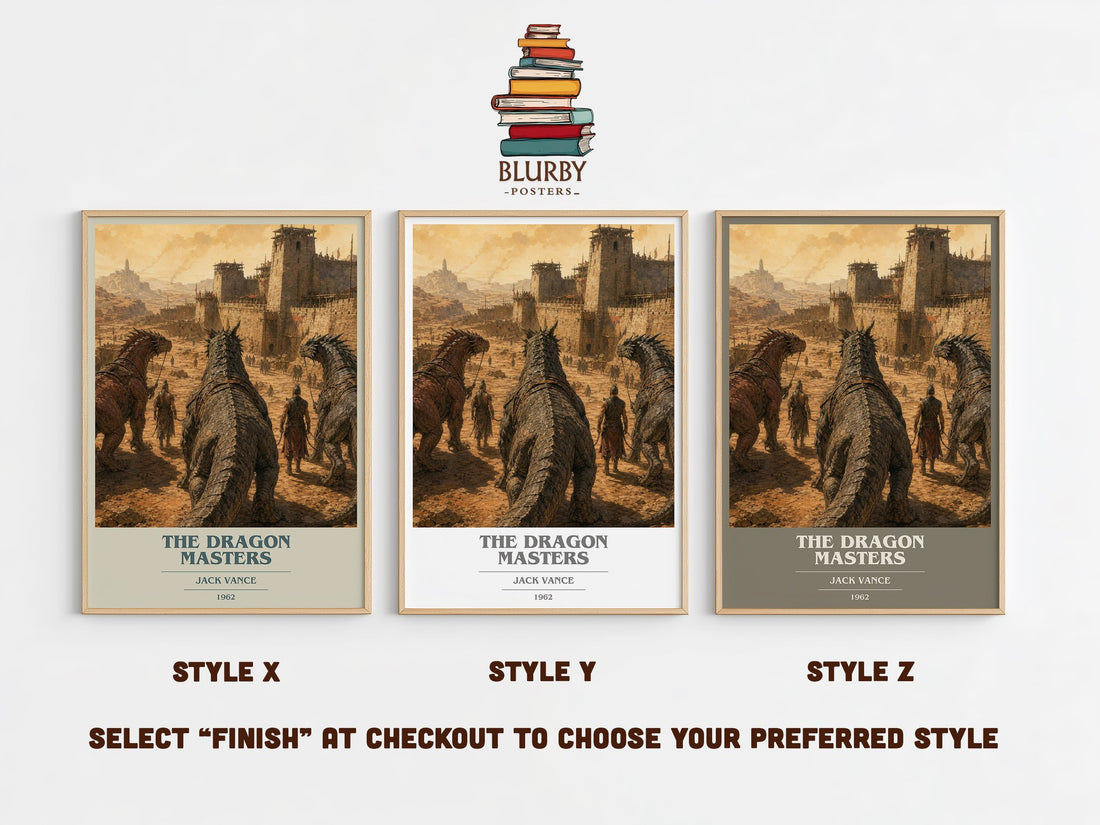 The Dragon Masters book cover print in frame leaning in hallway – sci fi wall art (mockup)