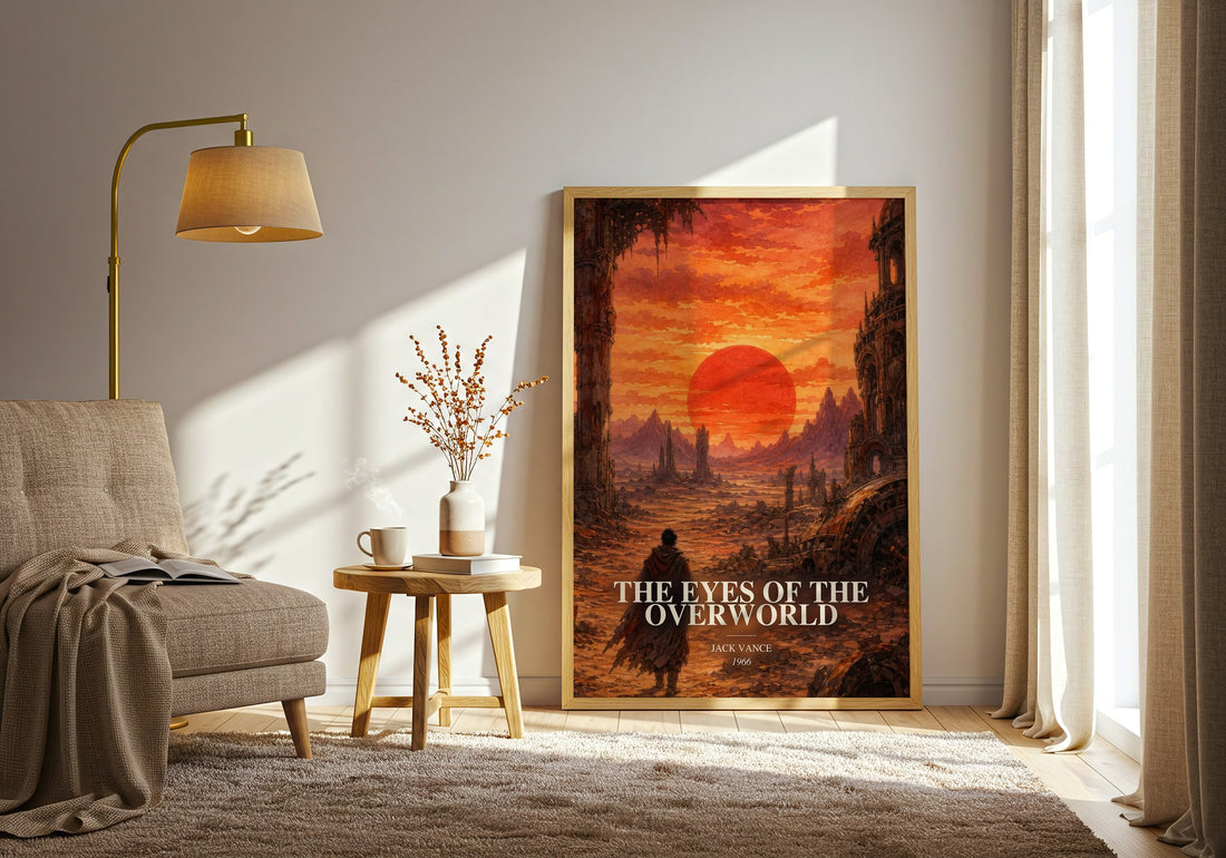 The Eyes of the Overworld watercolour print in frame leaning in hallway – sci fi wall art (mockup)
