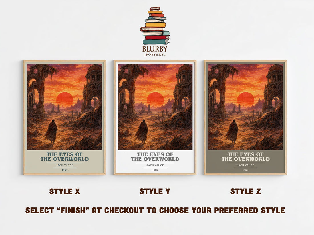 The Eyes of the Overworld book cover print in frame leaning in hallway – sci fi wall art (mockup)