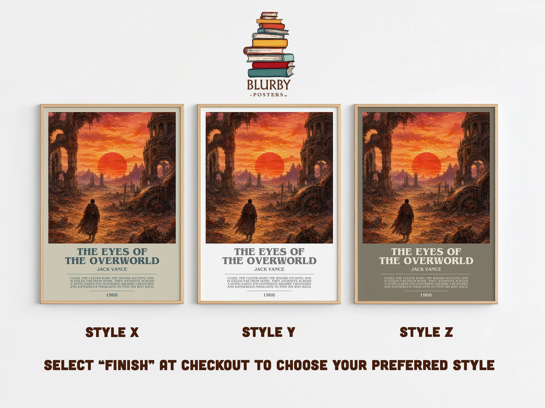 The Eyes of the Overworld bookish print in frame leaning in hallway – sci fi wall art (mockup)