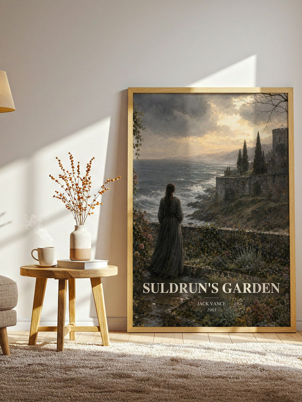 Suldrun's Garden watercolour print in frame leaning in hallway – fantasy wall art