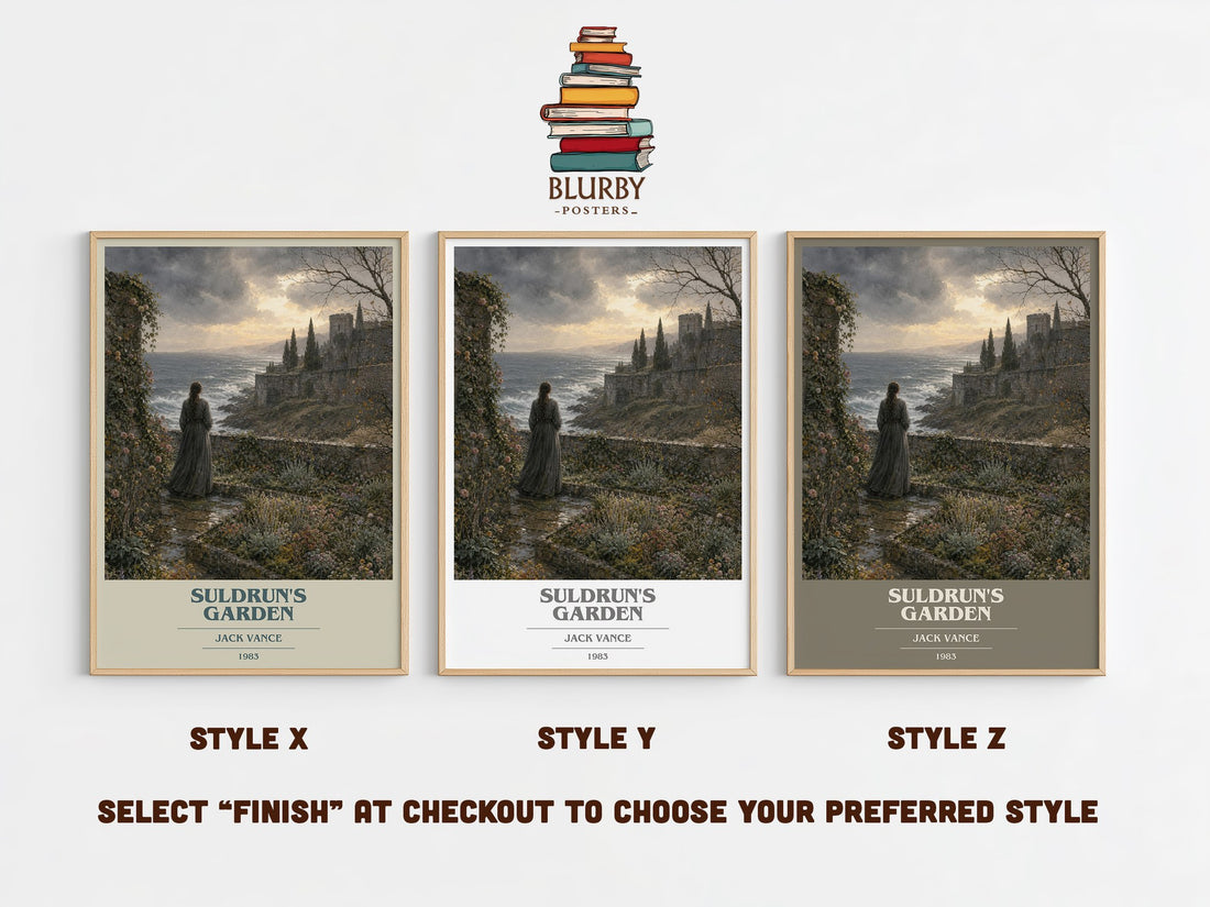 Suldrun's Garden book cover print in frame leaning in hallway – fantasy wall art (mockup)
