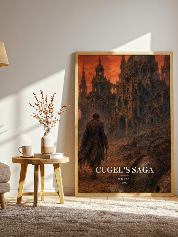 Cugel's Saga watercolour print in frame leaning in hallway – fantasy wall art