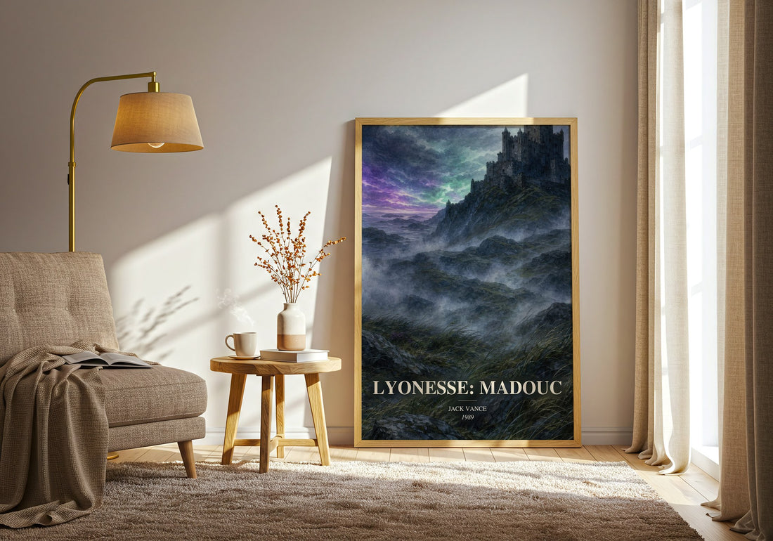 Lyonesse: Madouc watercolour print in frame leaning in hallway – fantasy wall art (mockup)