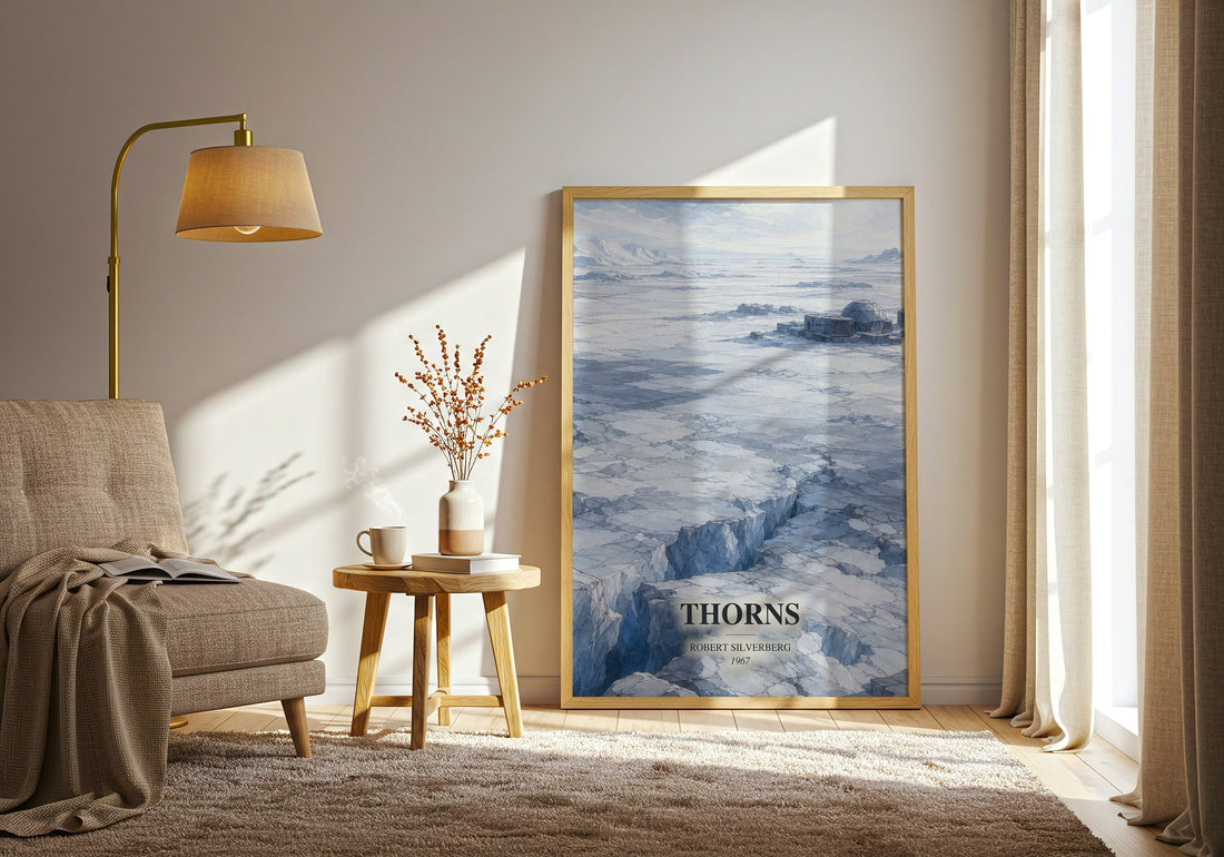 Thorns watercolour print in frame leaning in hallway – sci fi wall art (mockup)