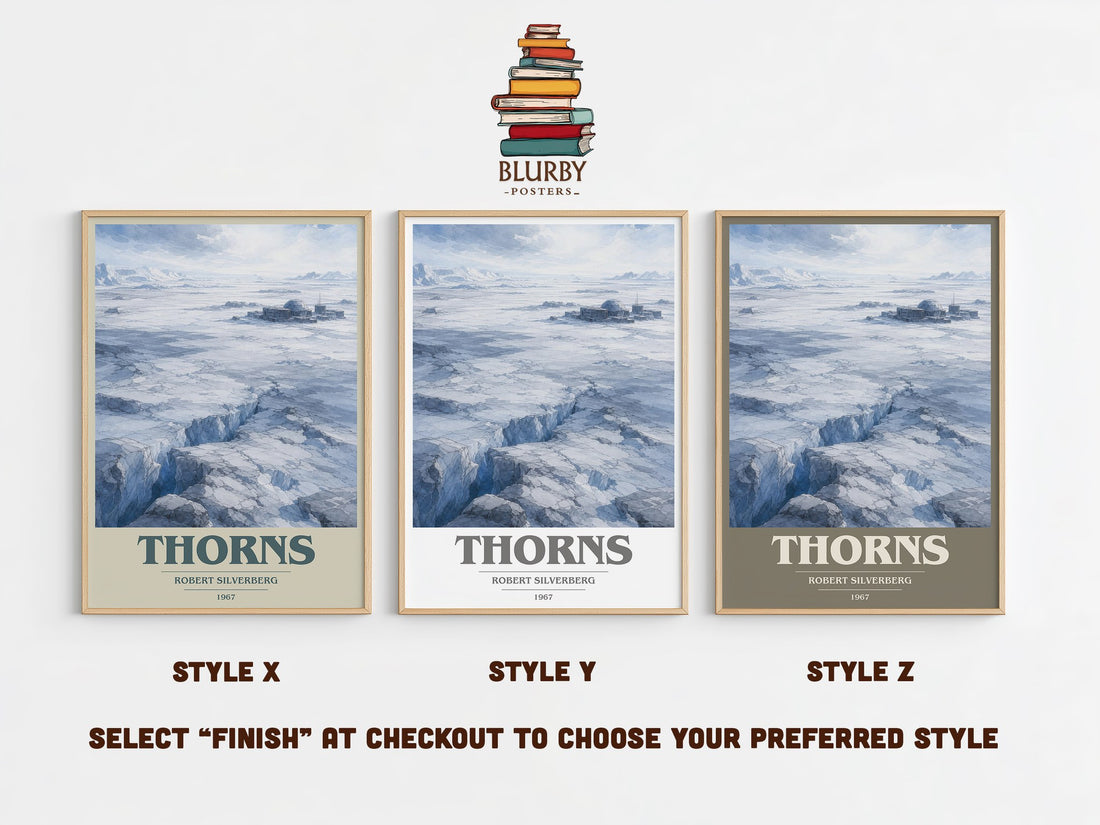 Thorns book cover print in frame leaning in hallway – sci fi wall art (mockup)