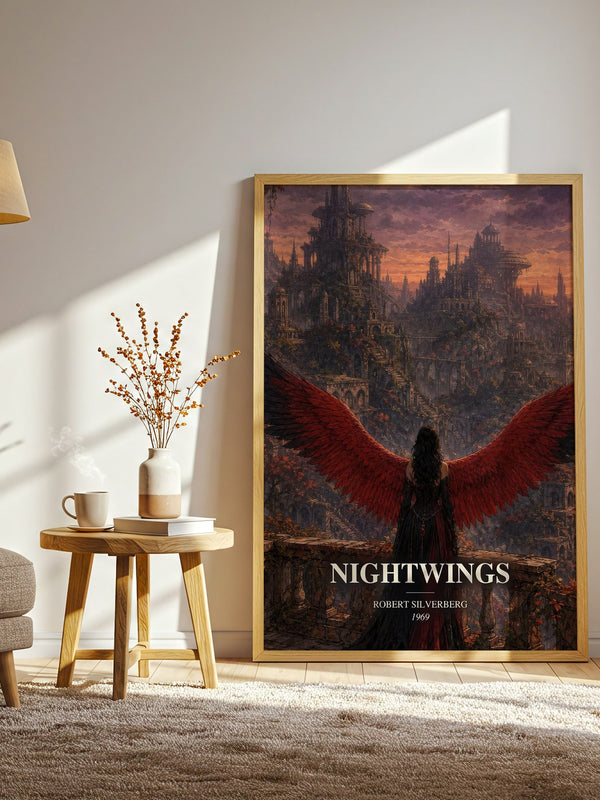 Nightwings watercolour print in frame leaning in hallway – sci fi wall art