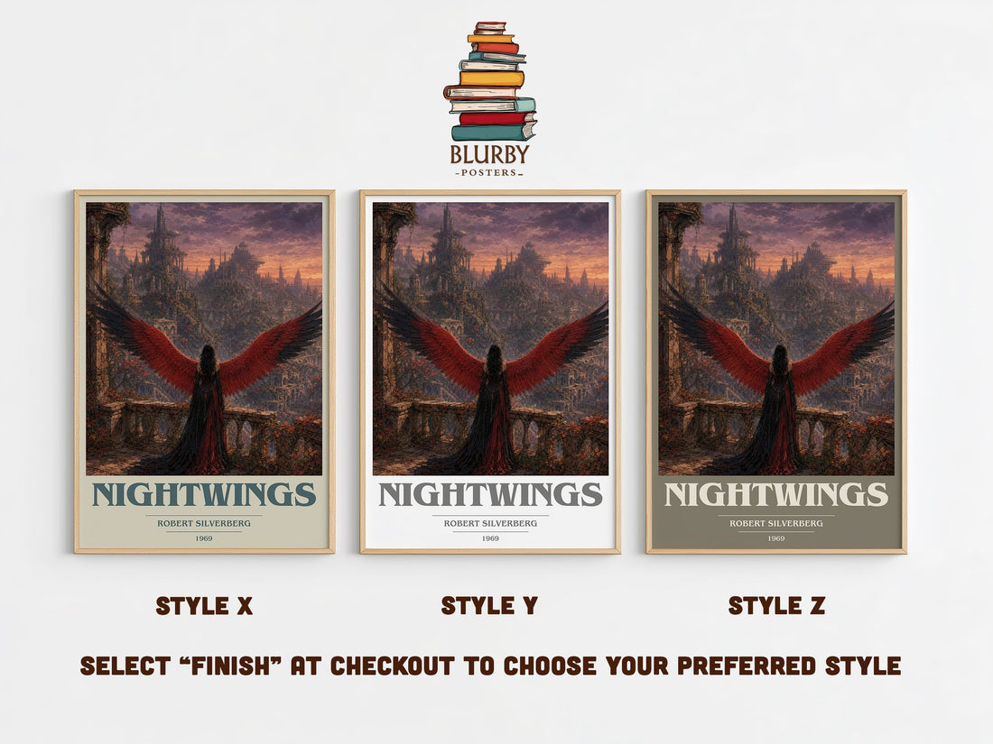 Nightwings book cover print in frame leaning in hallway – sci fi wall art (mockup)