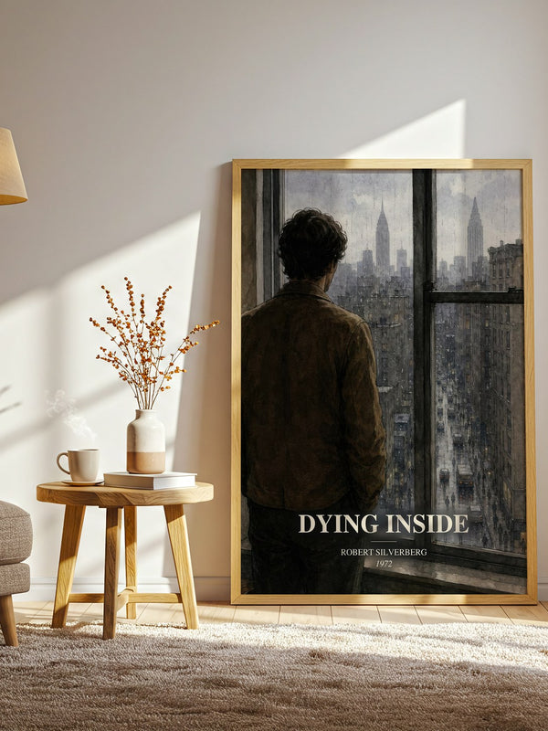 Dying Inside watercolour print in frame leaning in hallway – sci fi wall art