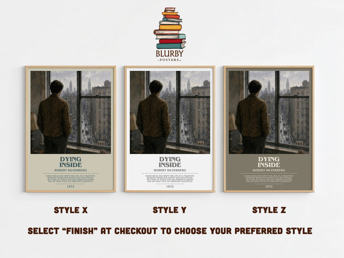 Dying Inside bookish print in frame leaning in hallway – sci fi wall art (mockup)