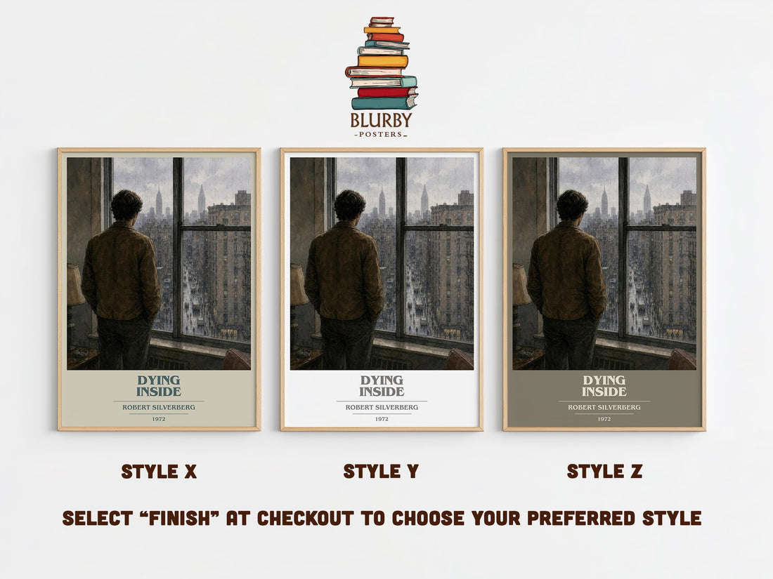 Dying Inside book cover print in frame leaning in hallway – sci fi wall art (mockup)