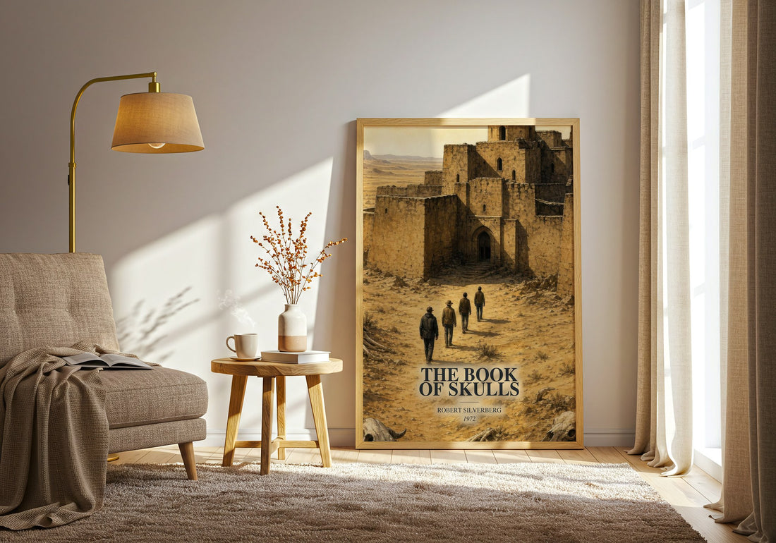 The Book of Skulls watercolour print in frame leaning in hallway – sci fi wall art (mockup)