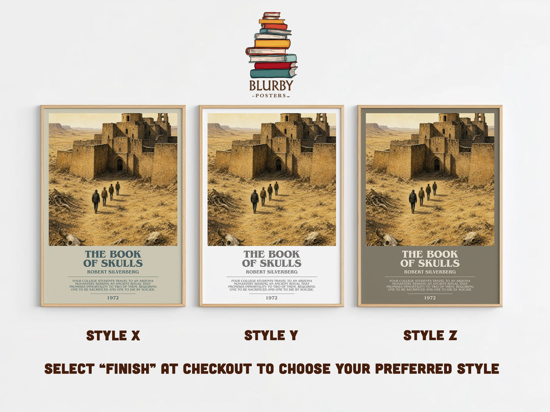 The Book of Skulls bookish print in frame leaning in hallway – sci fi wall art (mockup)
