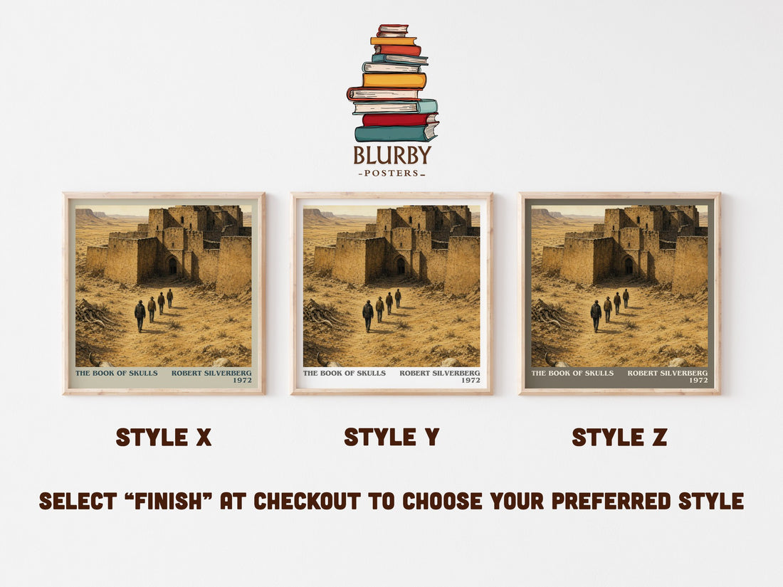 The Book of Skulls literary print in frame leaning in hallway – sci fi wall art (mockup)