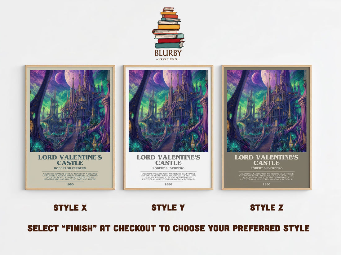 Lord Valentine's Castle bookish print in frame leaning in hallway – sci fi wall art (mockup)