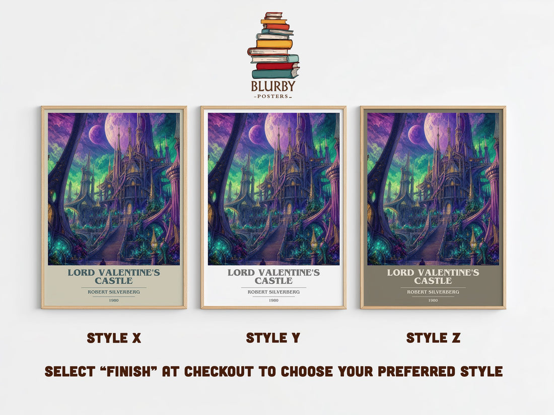 Lord Valentine's Castle book cover print in frame leaning in hallway – sci fi wall art (mockup)