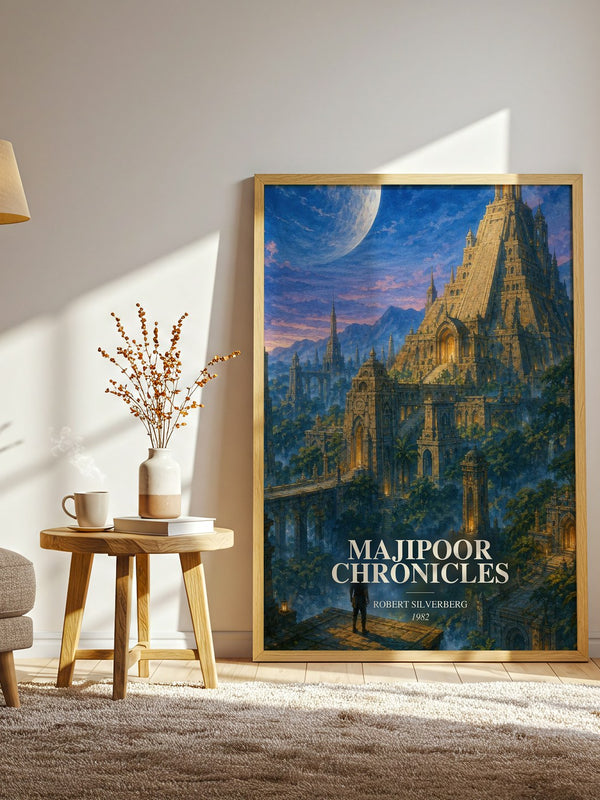 Majipoor Chronicles watercolour print in frame leaning in hallway – sci fi wall art