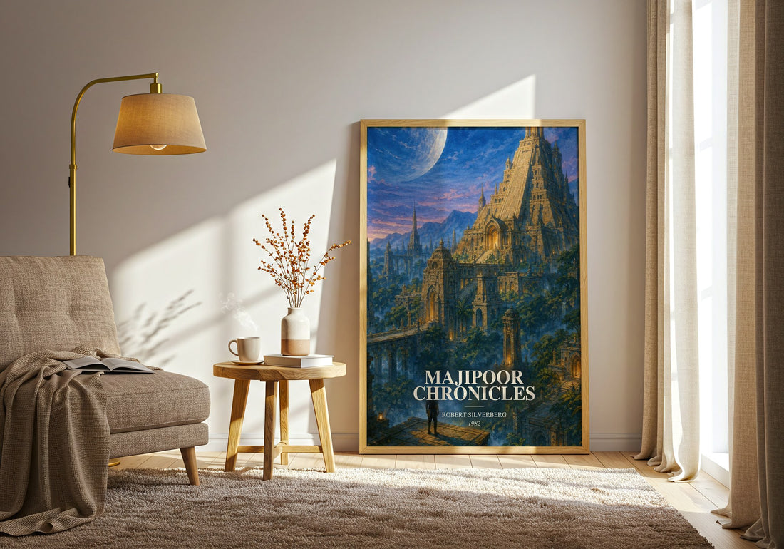 Majipoor Chronicles watercolour print in frame leaning in hallway – sci fi wall art (mockup)