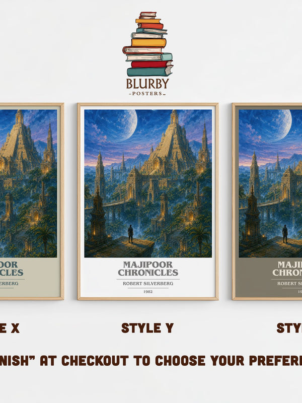 Majipoor Chronicles book cover print in frame leaning in hallway – sci fi wall art