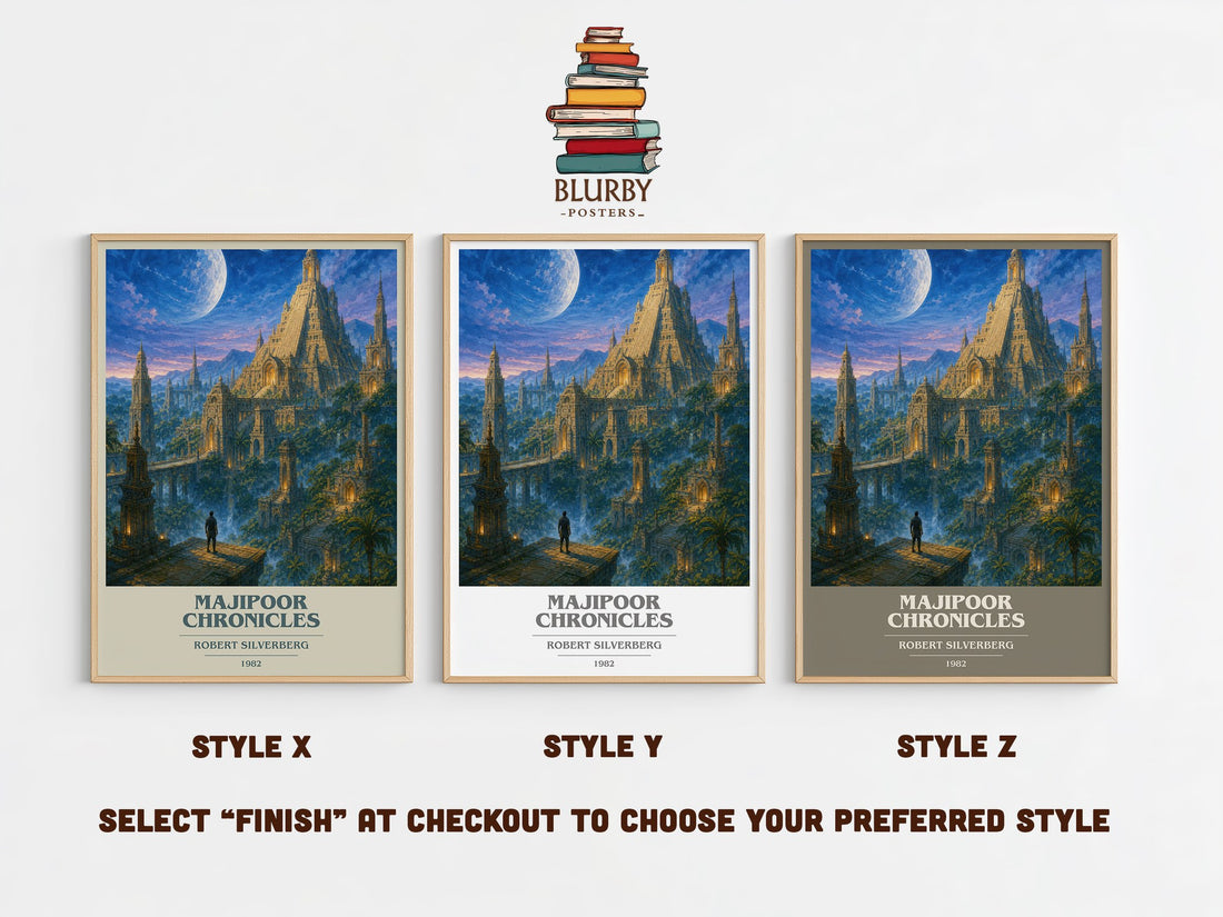 Majipoor Chronicles book cover print in frame leaning in hallway – sci fi wall art (mockup)