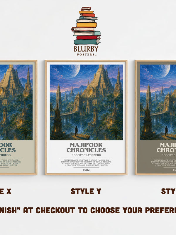 Majipoor Chronicles bookish print in frame leaning in hallway – sci fi wall art