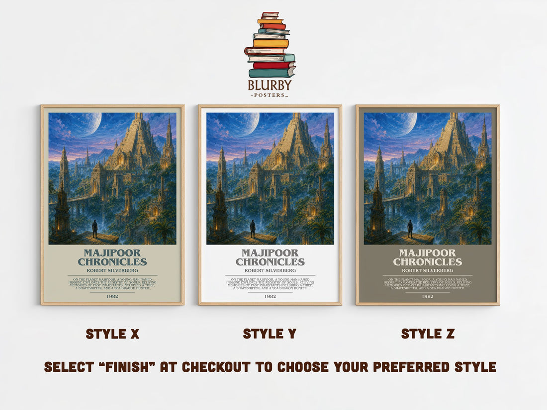 Majipoor Chronicles bookish print in frame leaning in hallway – sci fi wall art (mockup)