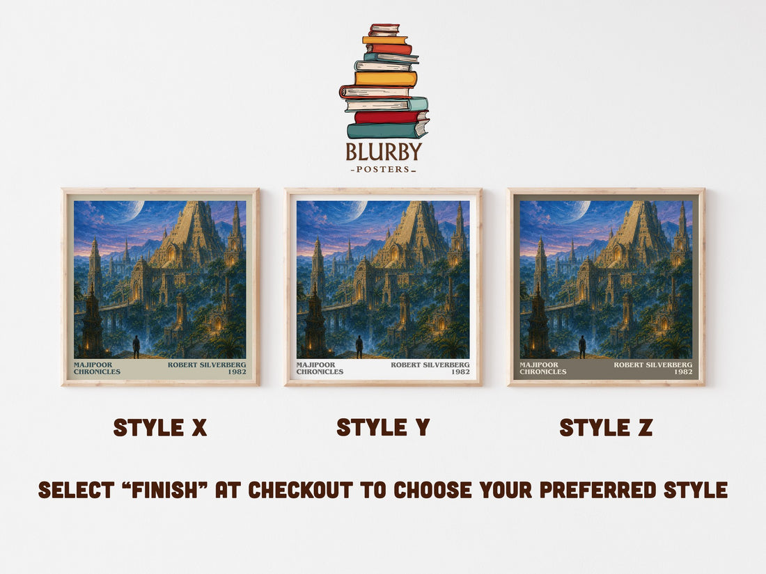 Majipoor Chronicles literary print in frame leaning in hallway – sci fi wall art (mockup)