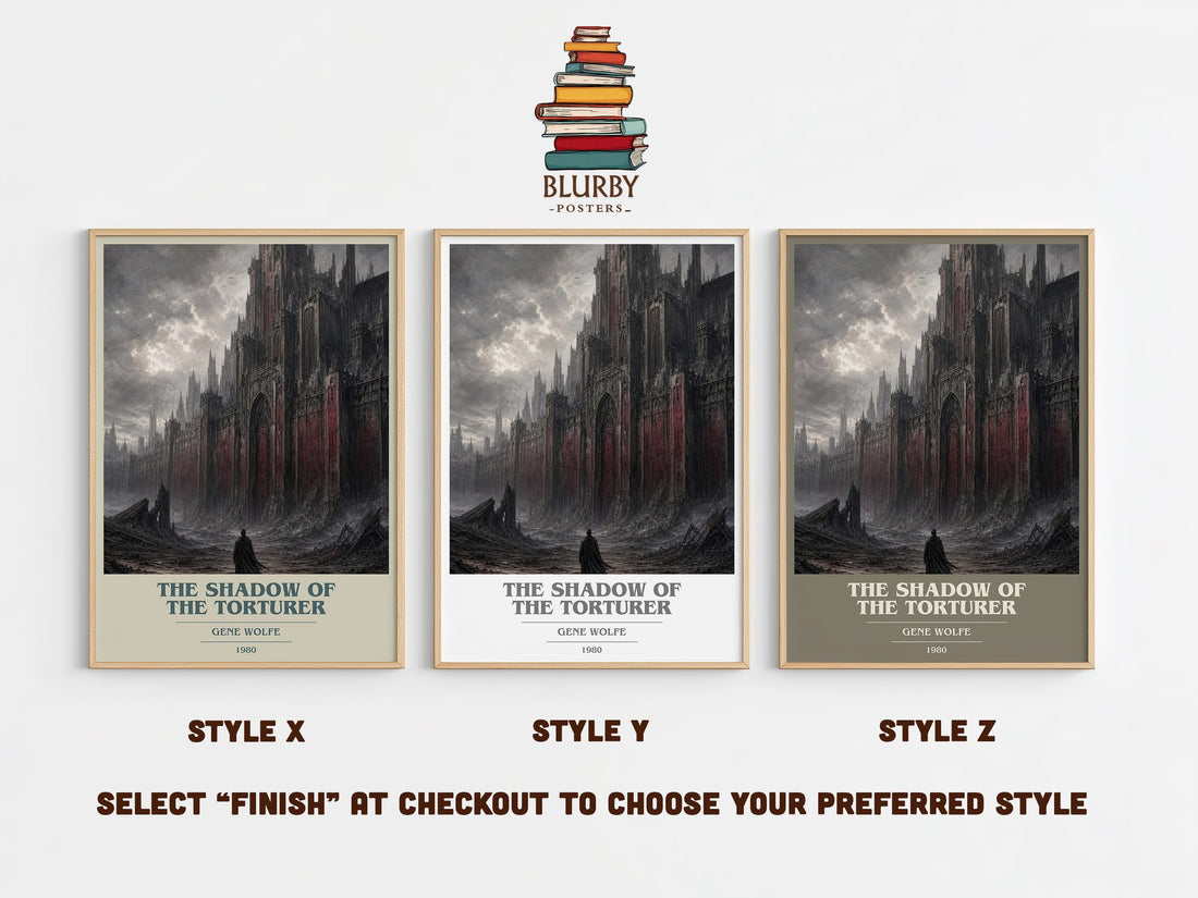 The Shadow of the Torturer book cover print in frame leaning in hallway – sci fi wall art (mockup)
