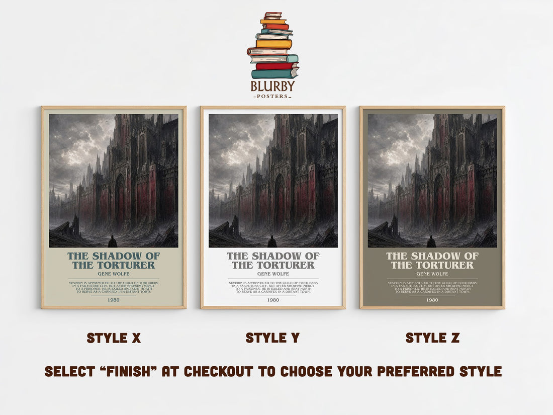 The Shadow of the Torturer bookish print in frame leaning in hallway – sci fi wall art (mockup)