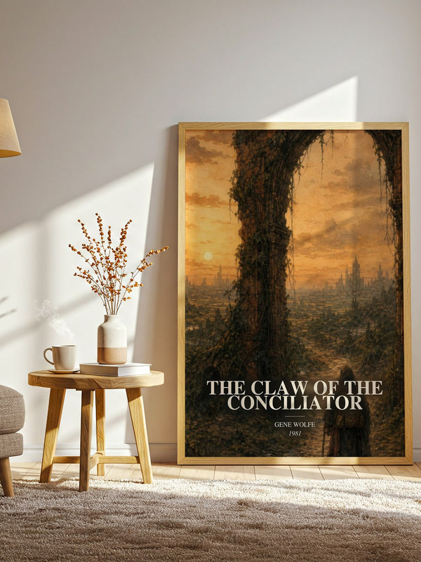 The Claw of the Conciliator watercolour print in frame leaning in hallway – sci fi wall art