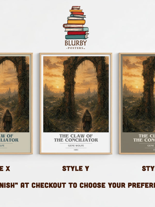 The Claw of the Conciliator book cover print in frame leaning in hallway – sci fi wall art