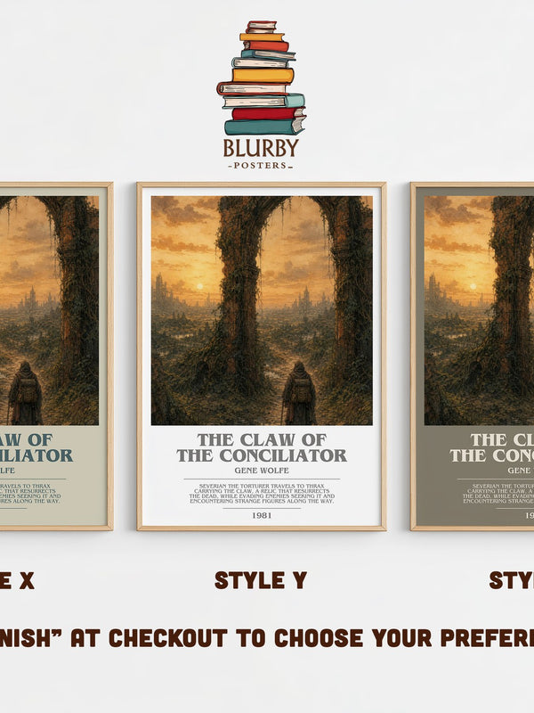 The Claw of the Conciliator bookish print in frame leaning in hallway – sci fi wall art