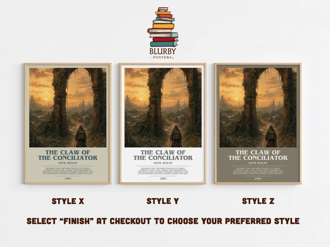 The Claw of the Conciliator bookish print in frame leaning in hallway – sci fi wall art (mockup)