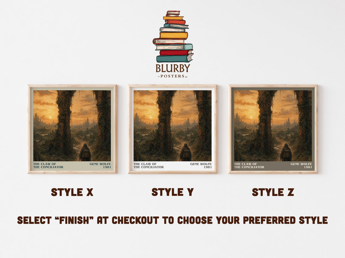 The Claw of the Conciliator literary print in frame leaning in hallway – sci fi wall art (mockup)