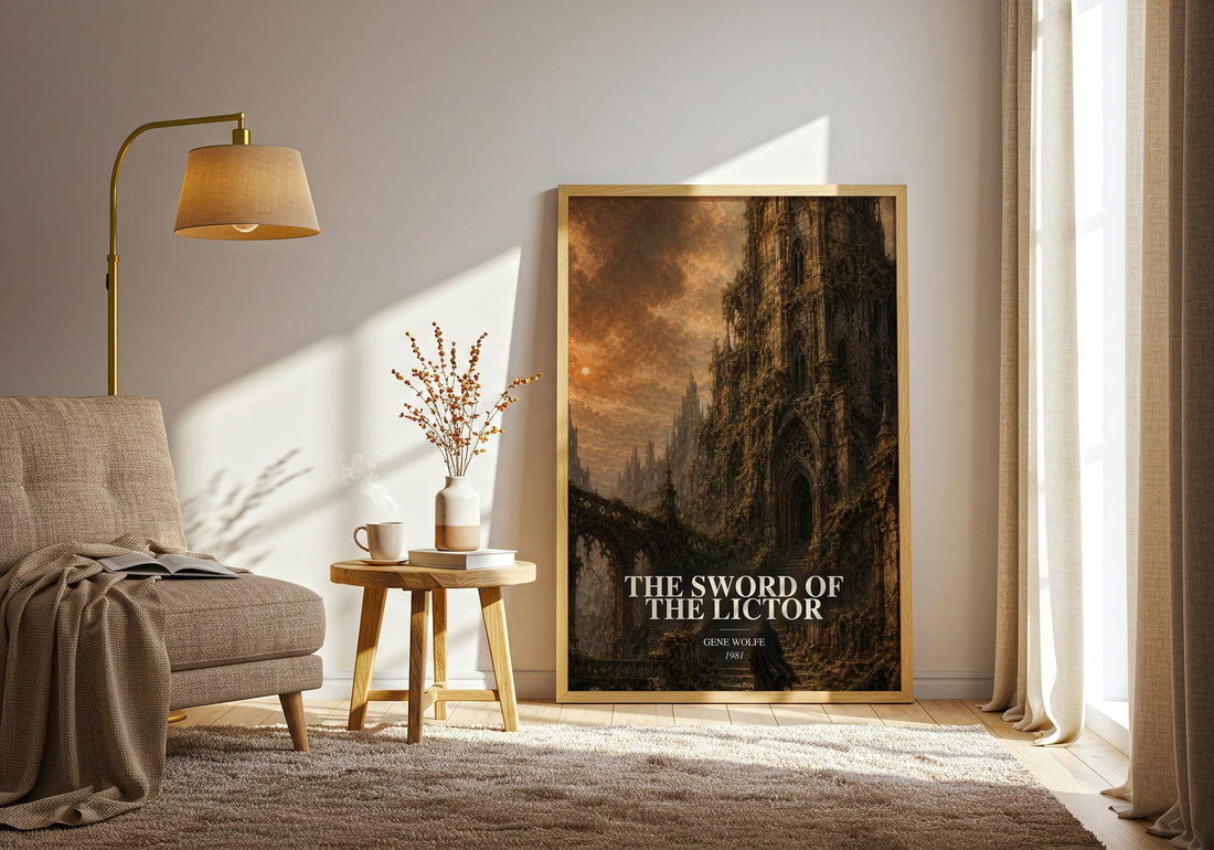 The Sword of the Lictor watercolour print in frame leaning in hallway – sci fi wall art (mockup)