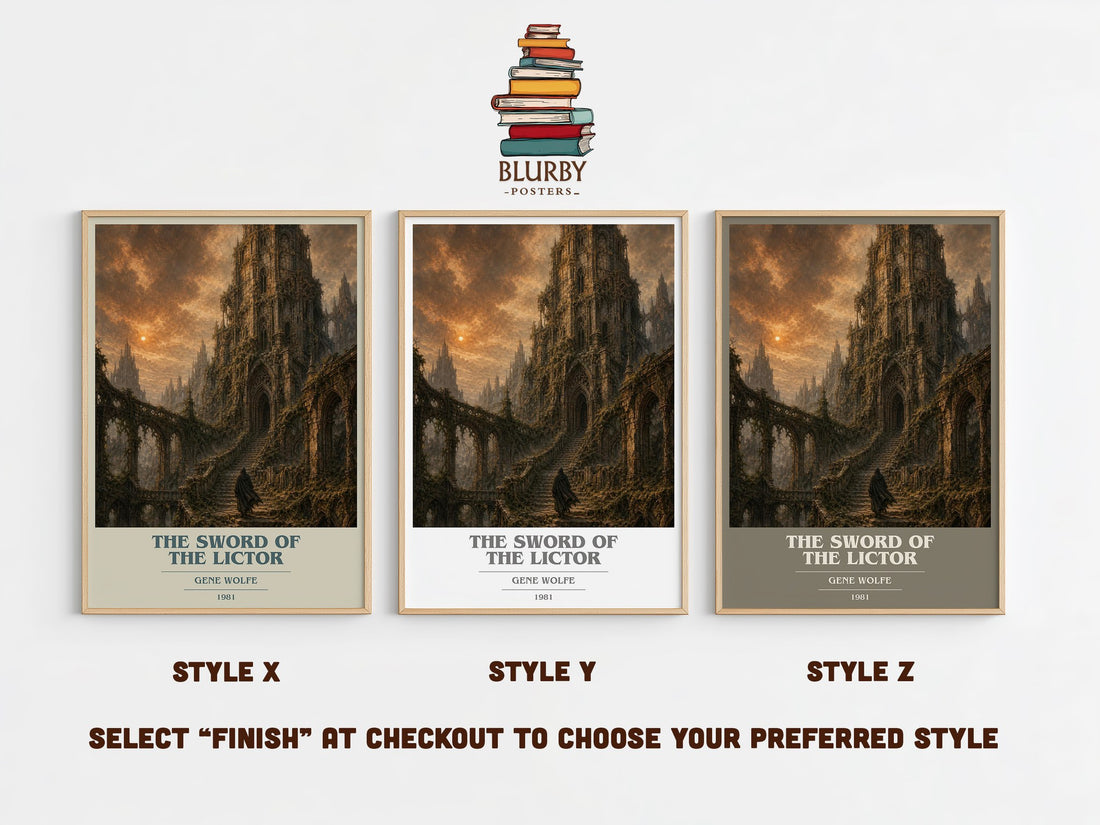 The Sword of the Lictor book cover print in frame leaning in hallway – sci fi wall art (mockup)