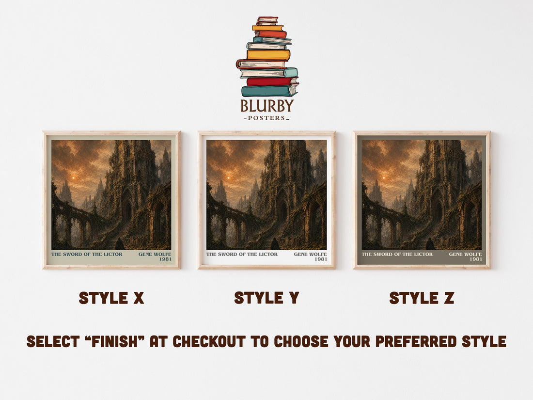 The Sword of the Lictor literary print in frame leaning in hallway – sci fi wall art (mockup)