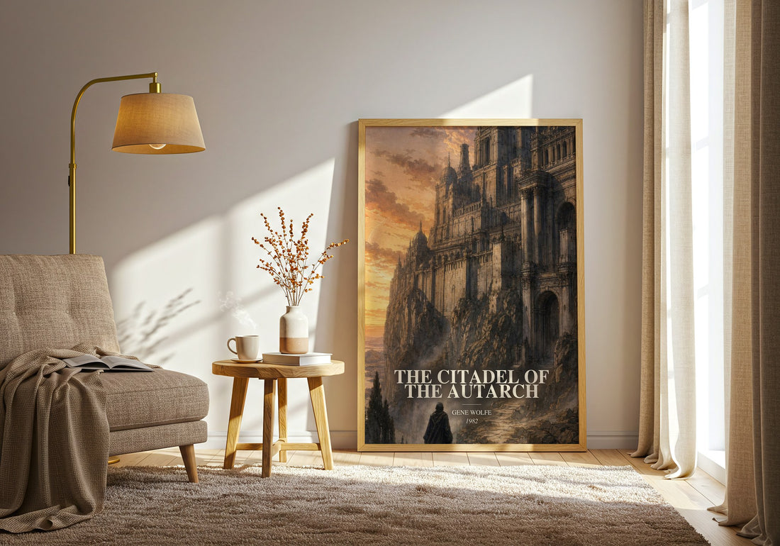 The Citadel of the Autarch watercolour print in frame leaning in hallway – sci fi wall art (mockup)
