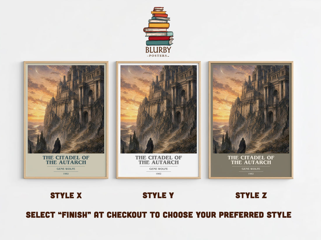 The Citadel of the Autarch book cover print in frame leaning in hallway – sci fi wall art (mockup)