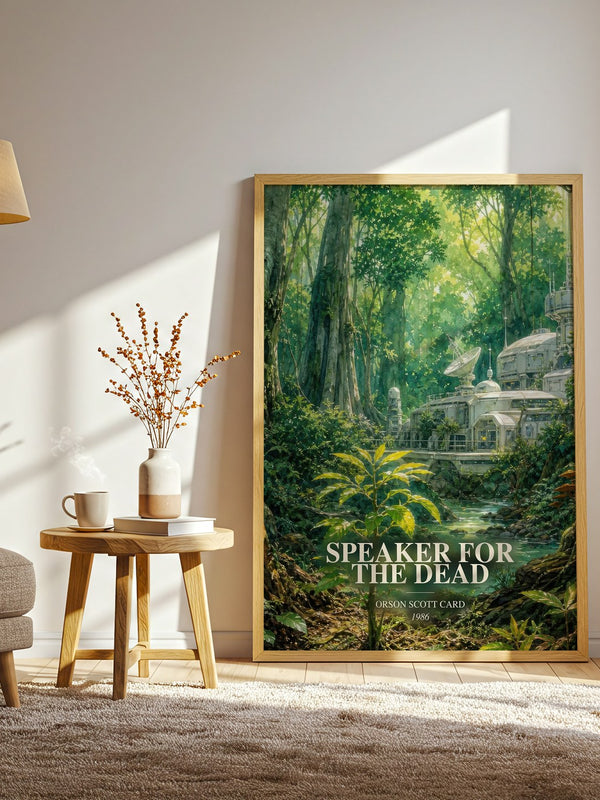 Speaker for the Dead watercolour print in frame leaning in hallway – sci fi wall art