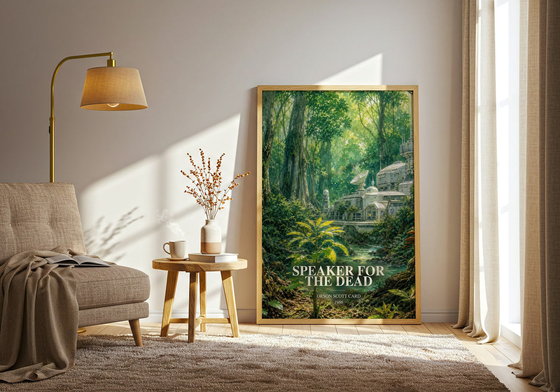 Speaker for the Dead watercolour print in frame leaning in hallway – sci fi wall art (mockup)