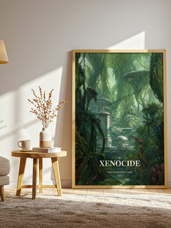 Xenocide watercolour print in frame leaning in hallway – sci fi wall art