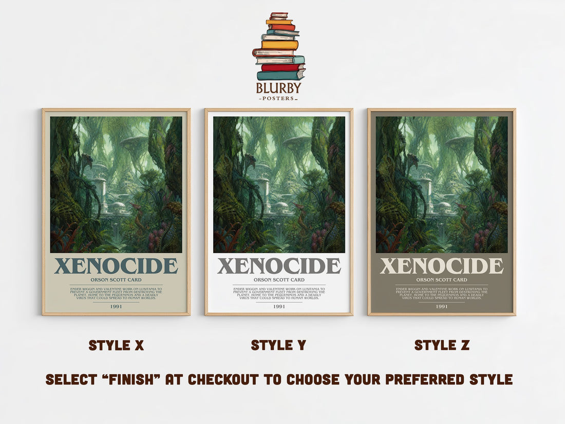 Xenocide bookish print in frame leaning in hallway – sci fi wall art (mockup)