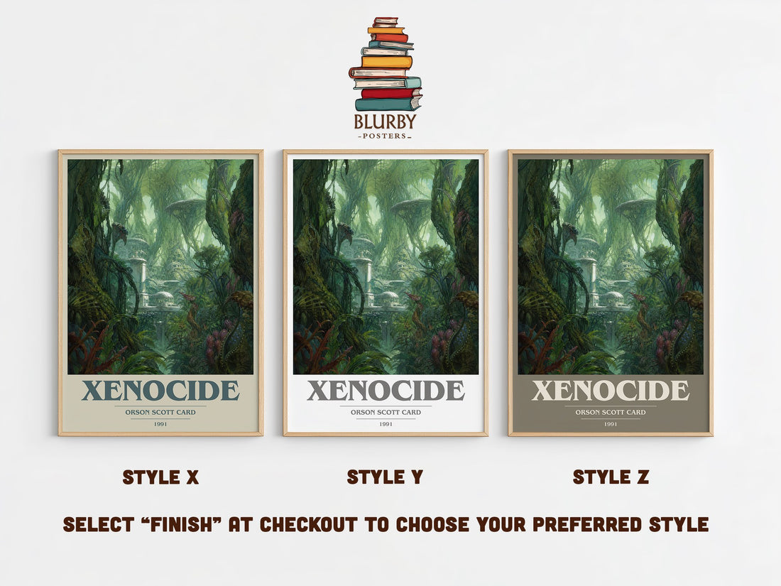 Xenocide book cover print in frame leaning in hallway – sci fi wall art (mockup)
