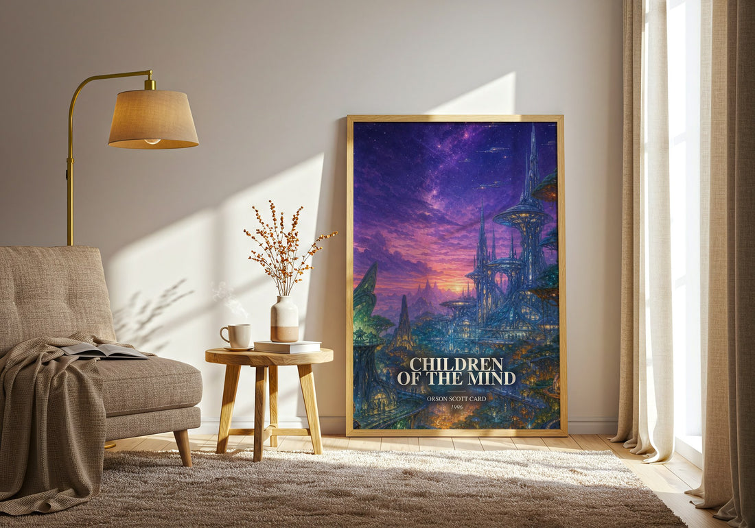 Children of the Mind watercolour print in frame leaning in hallway – sci fi wall art (mockup)