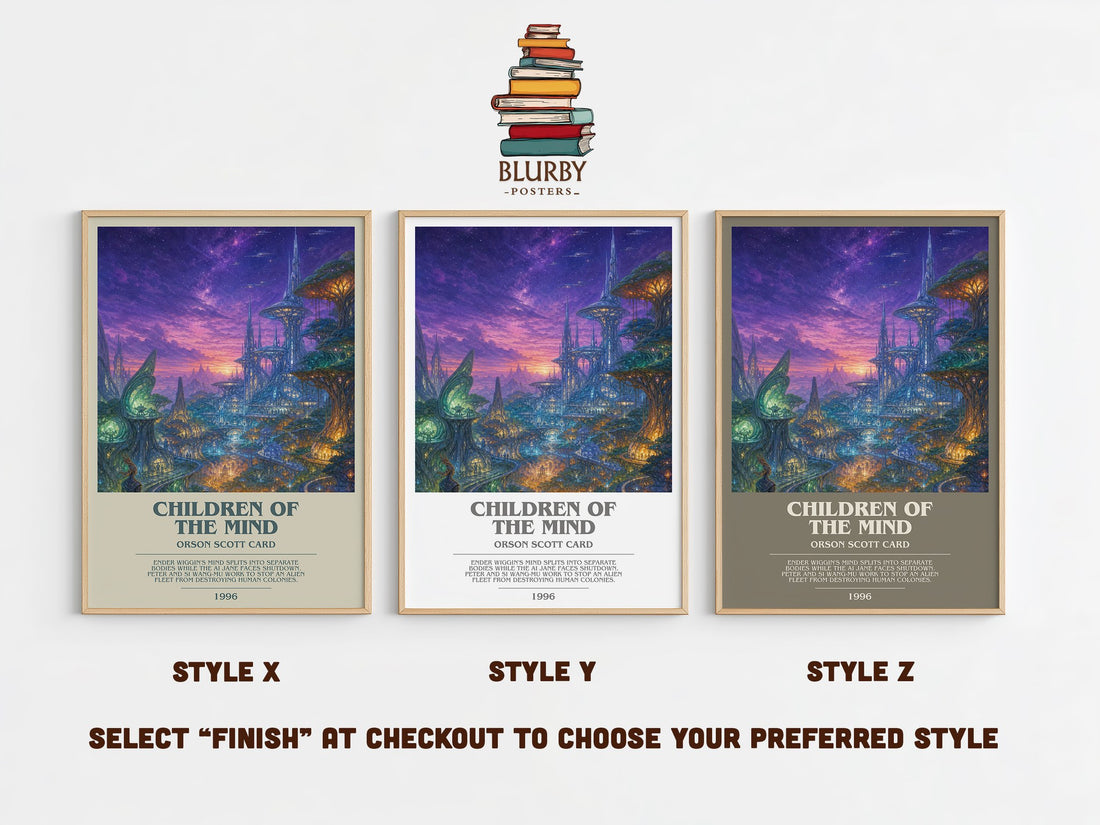 Children of the Mind bookish print in frame leaning in hallway – sci fi wall art (mockup)