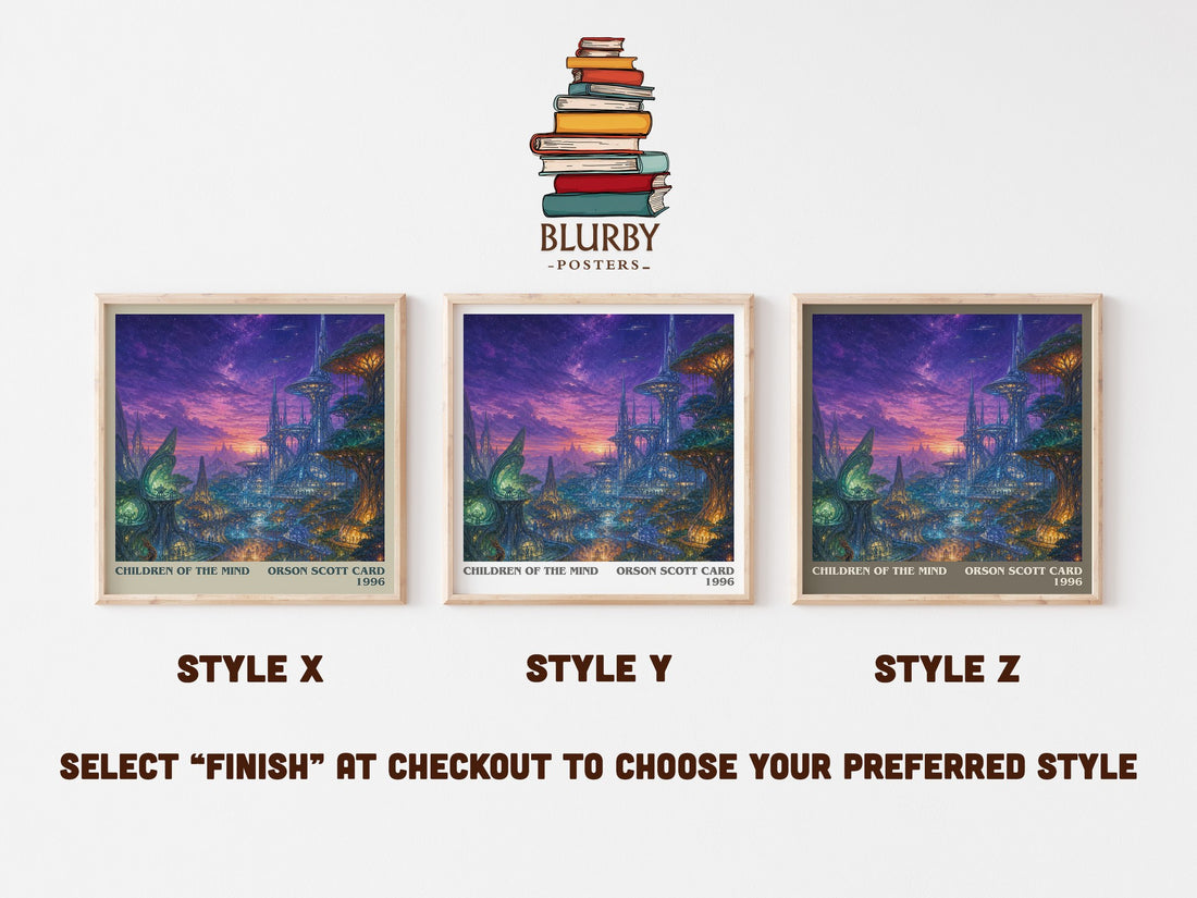 Children of the Mind literary print in frame leaning in hallway – sci fi wall art (mockup)