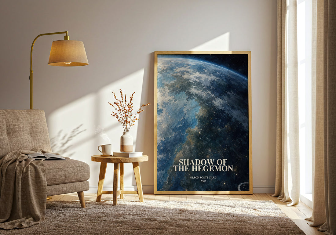 Shadow of the Hegemon watercolour print in frame leaning in hallway – sci fi wall art (mockup)