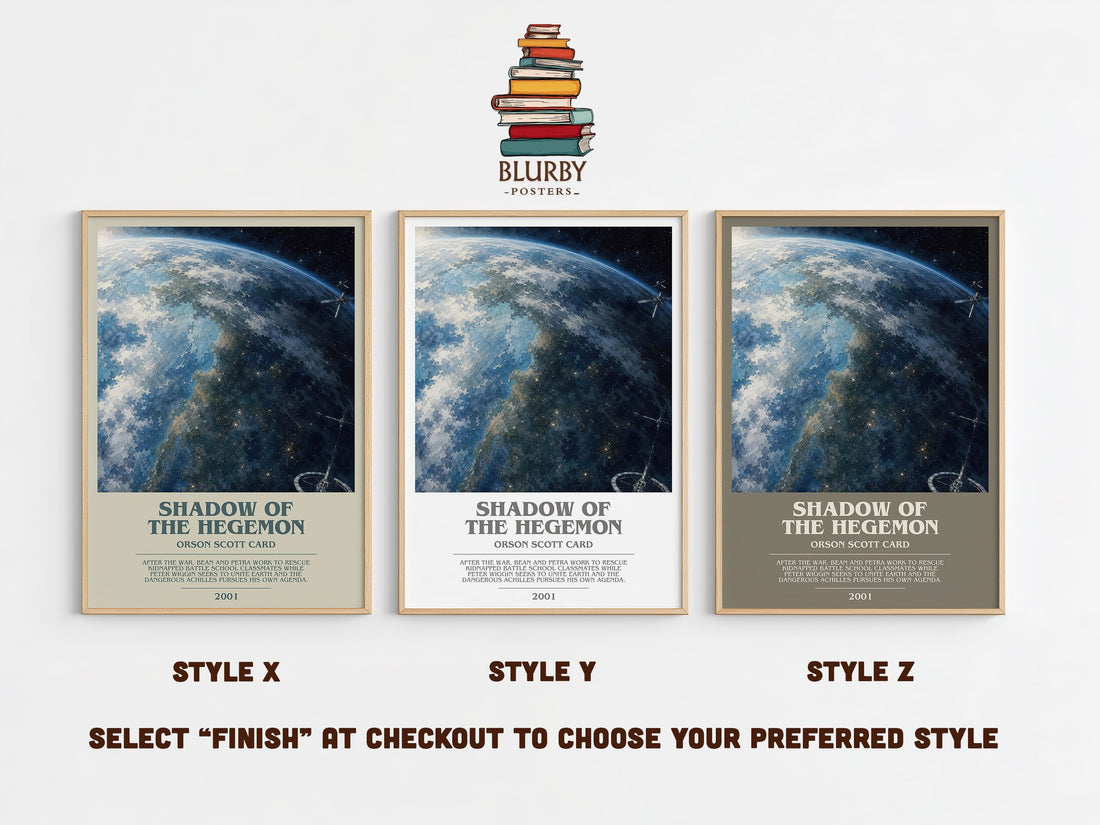 Shadow of the Hegemon bookish print in frame leaning in hallway – sci fi wall art (mockup)